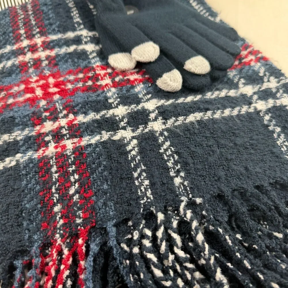 Alexis Bendel Plaid Scarf & Gloves 2 Pc Set Navy Red White Soft Cozy New